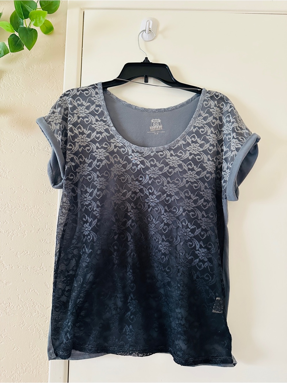 Route 66 Short Sleeve Blouse -Medium Sheer Gray Ombre Lace